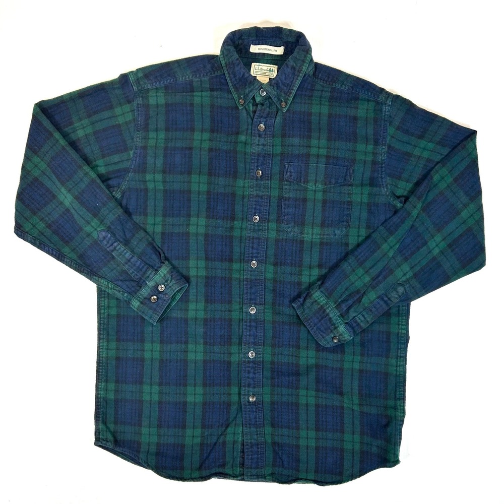 LL Bean Mens Black Watch Plaid Flannel Shirt Traditional Fit Green Blue 228066
